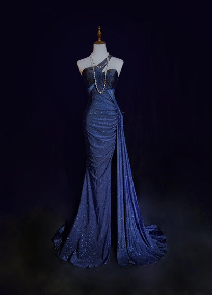 Robes de Bal Vintage Années 90 Sirène Asymétrique Bleu Marine Pailletée Dos Nu Longues Tenues de Soirée N3140