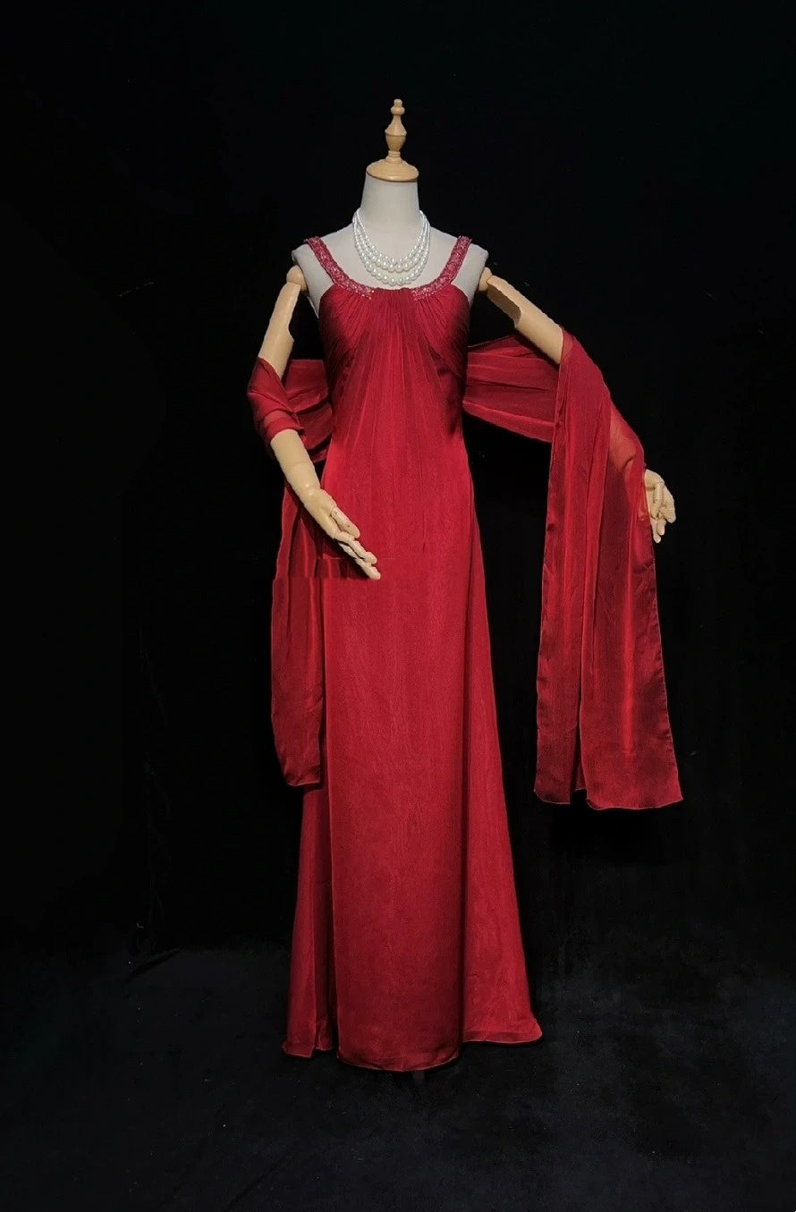 Elegante Abschlussballkleider A-Linie Rundhalsausschnitt Burgund Chiffon Mit Cape Perlen Ärmellos Langes Abendkleid N2885