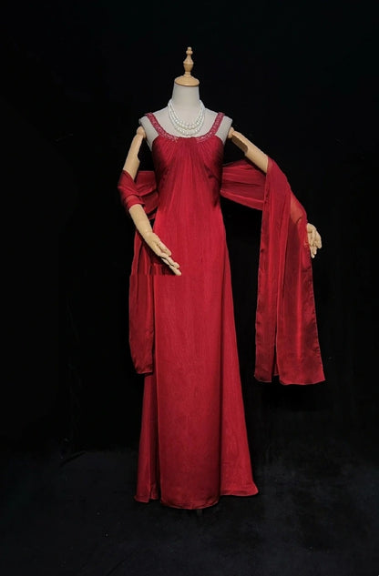 Elegante Abschlussballkleider A-Linie Rundhalsausschnitt Burgund Chiffon Mit Cape Perlen Ärmellos Langes Abendkleid N2885