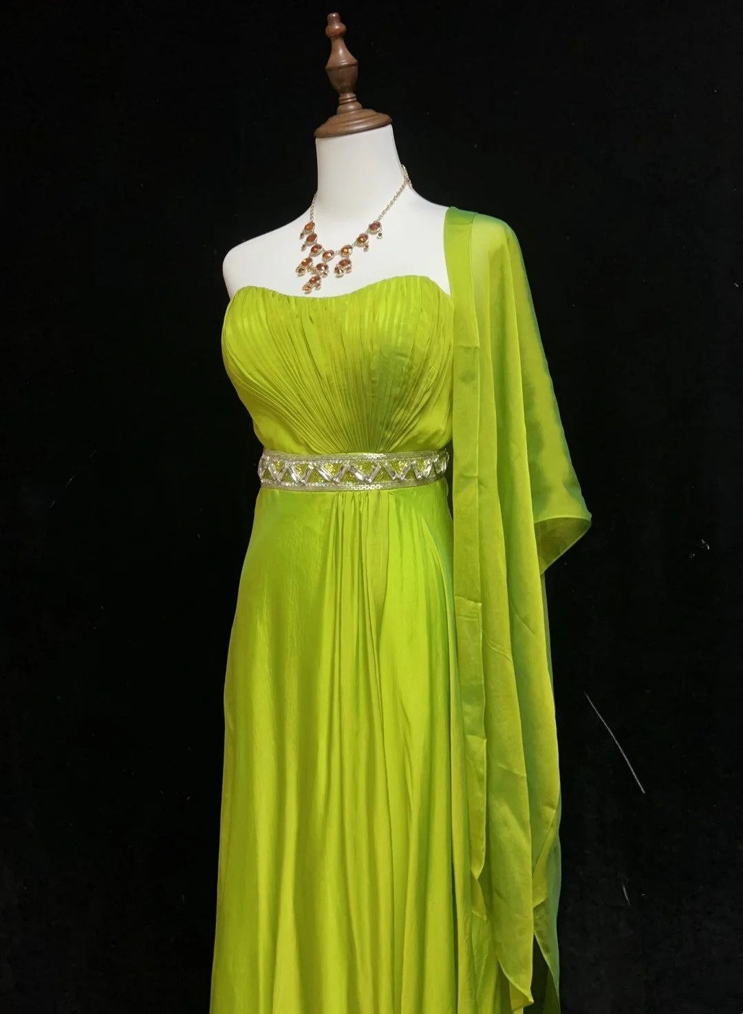 Vintage 90er Abschlussballkleider A-Linie Trägerlos Grün Chiffon Mit Plissiertem Umhang Formelle Abendkleidung N3852