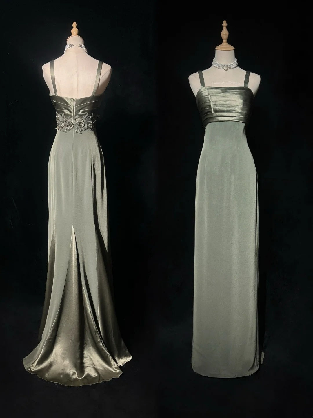 Robes de bal vintage, ligne A, bretelles spaghetti, satin vert avec perles, longue robe de soirée N2503
