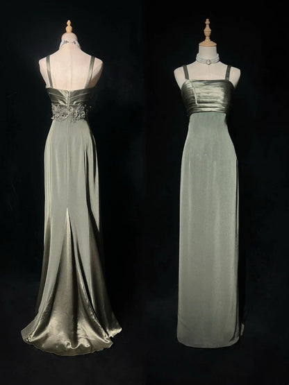 Robes de bal vintage, ligne A, bretelles spaghetti, satin vert avec perles, longue robe de soirée N2503