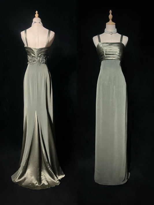 Vintage Prom Dresses A Line Spaghetti Strap Green Satin With Beading Long Formal Dress N2503
