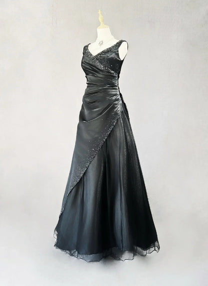 Robes de bal vintage des années 90 Col en V Noir avec perles argentées Robe de soirée longue N3022