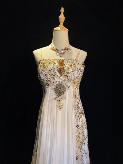 Robes de bal vintage des années 90, en mousseline blanche, coupe trapèze, bretelles spaghetti avec dentelle dorée, tenues de soirée formelles N3849