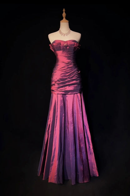 Vintage Abschlussballkleider Meerjungfrau Sweetheart Lila Satin 90er Mit Rüschen Langes Ballkleid N2513