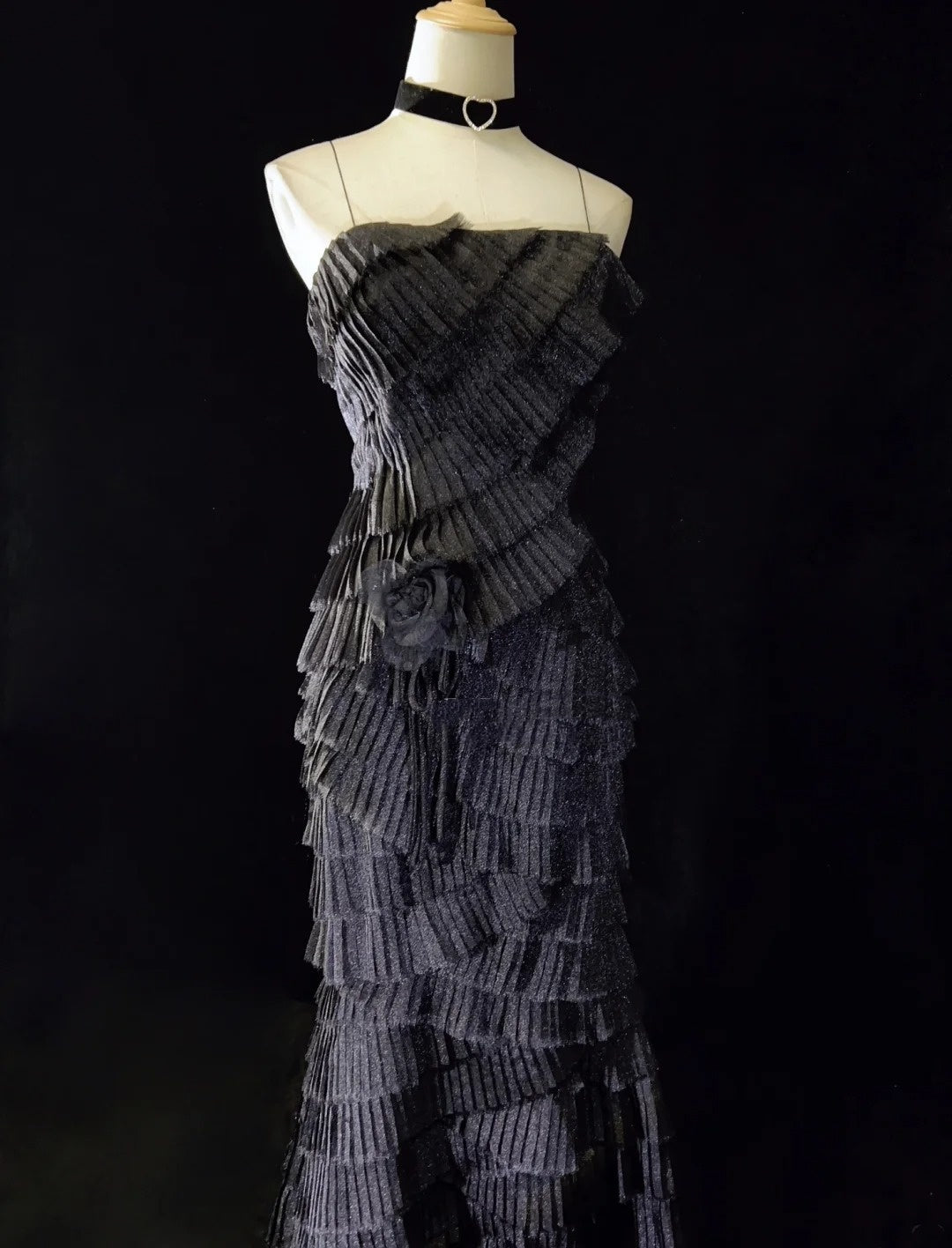 Robes de bal vintage des années 90 sirène à fines bretelles noires avec couches superposées longue robe de soirée semi-formelle N3665