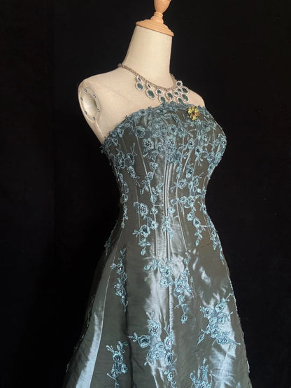 Robes de Bal de Princesse sans Bretelles Vert Broderie Robe de Soirée Longue N3289