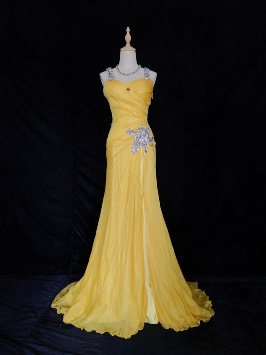 Belles robes de bal sirène en mousseline de soie jaune à bretelles spaghetti et perles, longues tenues de soirée N3325