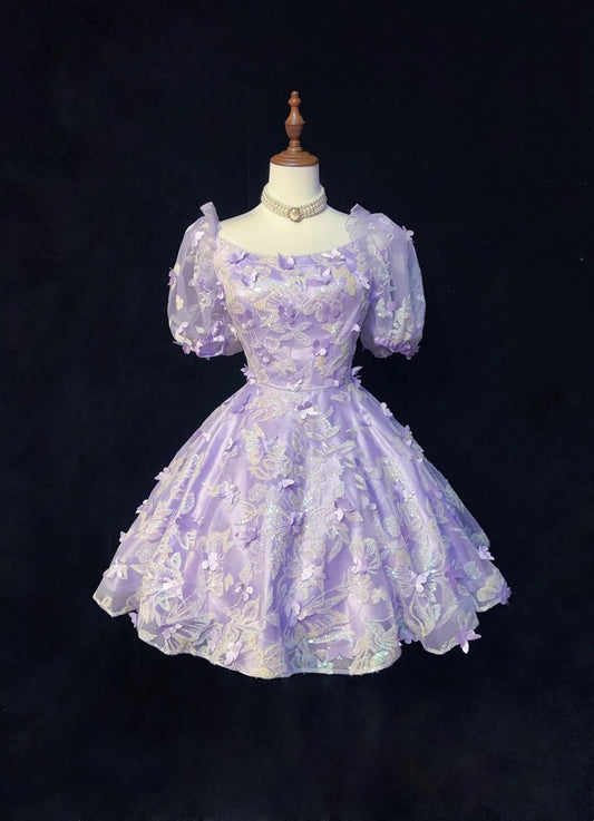 Pretty Ball Gown Square Neck Lilac Lace Short Mini Homecoming Dresses Hoco Gowns N2632