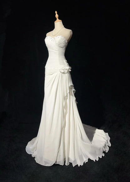 Vintage 90er Brautkleider Meerjungfrau Sweetheart Chiffon Weiß Perlenstickerei Sommergarten Langes Brautkleid N3827