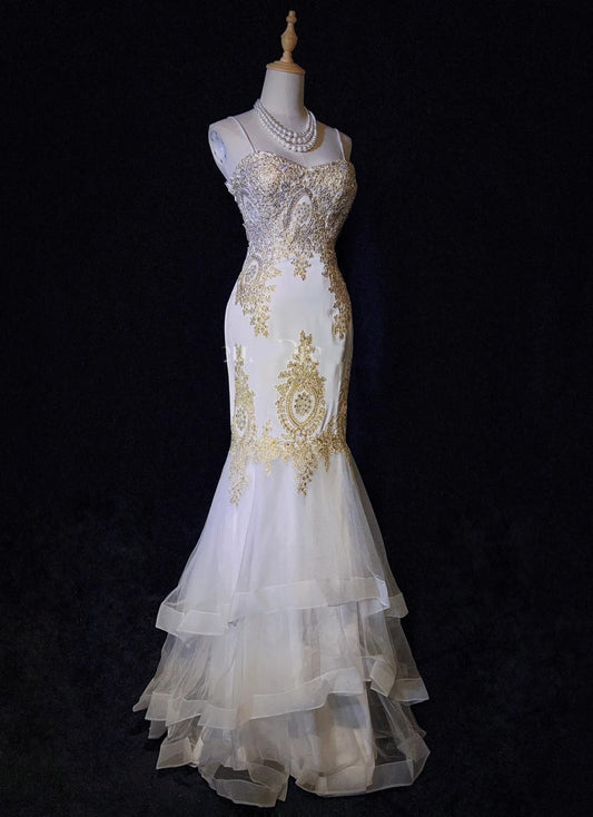 Vintage Prom Dresses Inspo Mermaid Spaghetti Strap White With Gold Lace For Women Formal Dress N3221