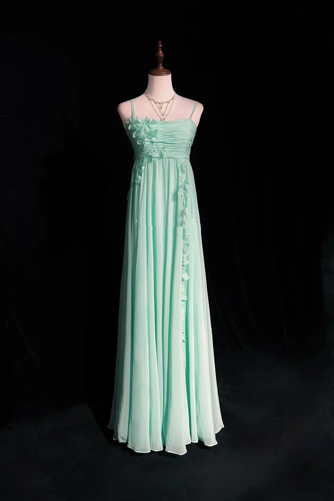 Vintage Prom Dresses A line Spaghetti Strap Mint Green Chiffon Sleeveless 1980s Long Formal Evening Gown N2630