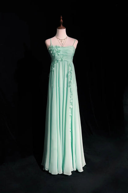 Vintage Prom Dresses A line Spaghetti Strap Mint Green Chiffon Sleeveless 1980s Long Formal Evening Gown N2630