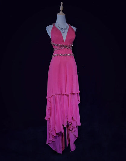 Glamour Ballkleider High-Low Neckholder Hot Pink Chiffon Mit Perlen Abendkleider N3842