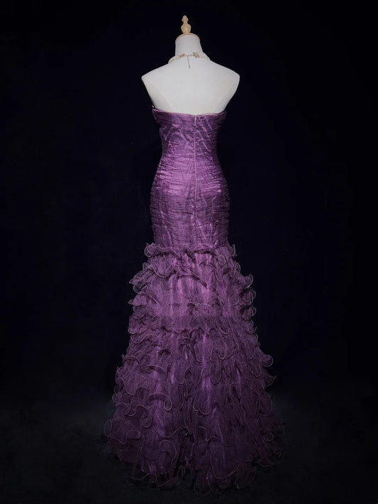 Modest Prom Dresses Inspo Mermaid Sweetheart Purple Tulle Ruffled 80s Long Formal Gowns N3395