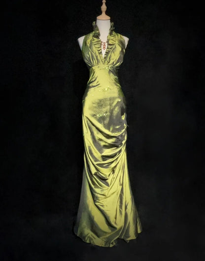 Vintage Prom Dresses 2000s Mermaid Halter V Neck Green Satin With Ruffled Beading Long Prom Gown N3094