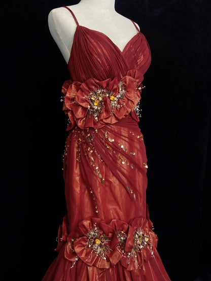 Belles Robes de Bal Sirène Bretelles Fines Bordeaux avec Fleurs 3D Longues Tenues de Soirée Formelles N3660