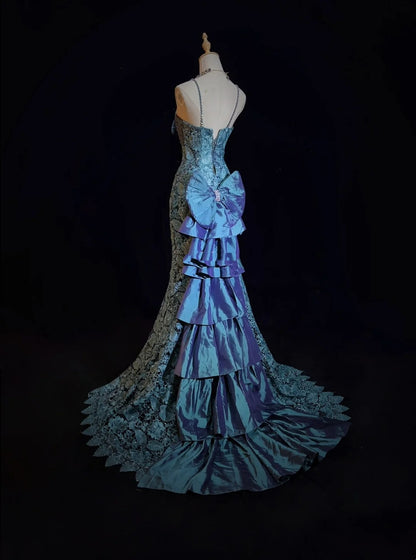 Robes de bal vintage sirène bretelles fines dentelle avec nœud années 90 longue robe de soirée N2893