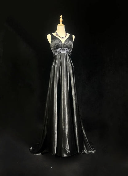 Robes de bal vintage Trapèze Empire Satin Noir Perlées Années 1980 Longue Robe de soirée N2624