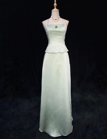 Robes de bal modestes d'inspiration ligne A licou en satin vert sauge clair avec dentelle pour femme robe de soirée N3225