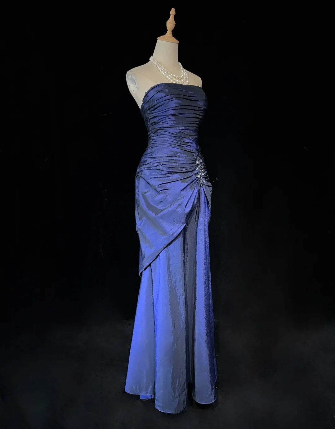Vintage Abschlussballkleider 90er Meerjungfrau Trägerlos Marineblau Taft mit Perlen Lang Halbformelles Abendkleid N3669