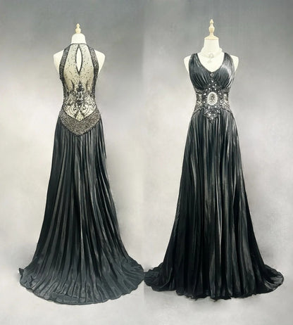 Vintage Abschlussballkleider A-Linie V-Ausschnitt Black Tie Kleid Perlenbesetztes 90er Langes Abendkleid N2652