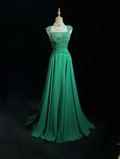 Robes Esthétiques de Bal Vintage Ligne A sans Bretelles en Mousseline Verte avec Perles Longue Robe de Soirée N3027