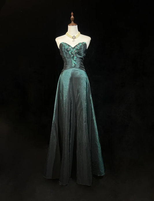 Vintage Prom Dresses Aesthetic 80s Retro A Line Sweetheart Dark Green Floor Length Evening Outfits N2324