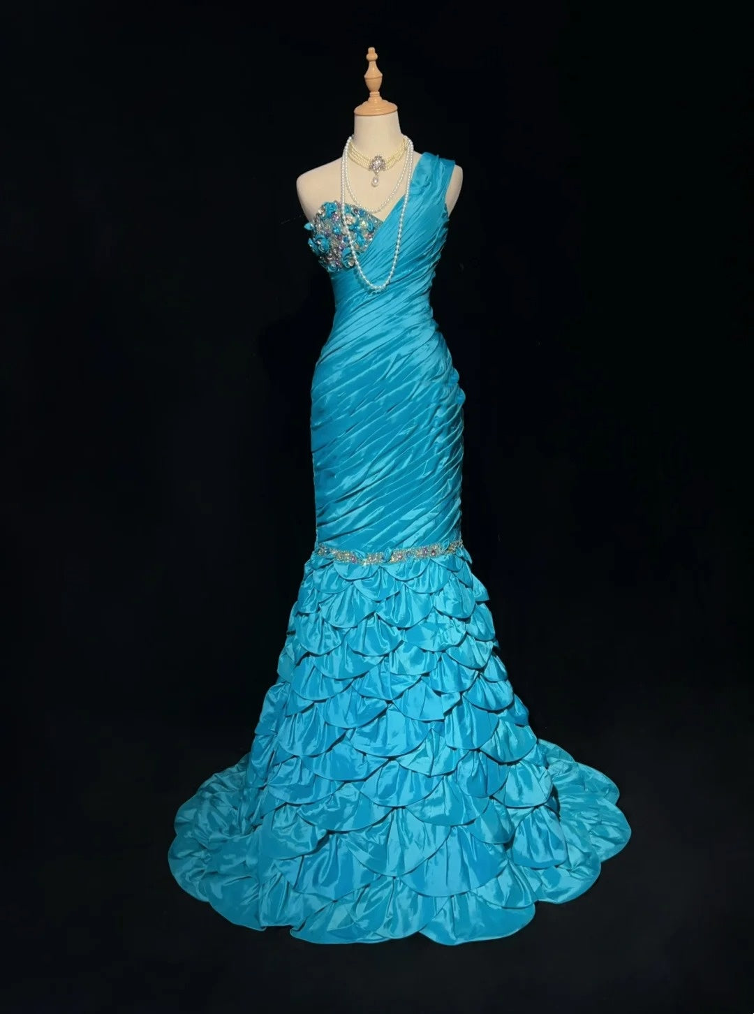 Vintage Ballkleider Meerjungfrau One-Shoulder Retro-Stil Blaues Taft Mit Perlenbesatz 90er Langes Abendkleid N2905