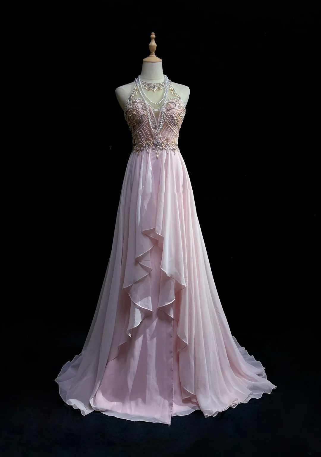 Robes Vintage Esthétique Bal de Promo Trapèze Bijoux Perles Rose Chiffon avec Perles Longue Robe de Soirée N3033