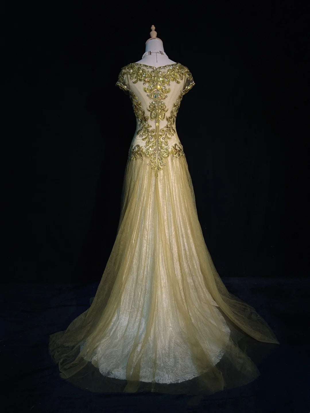 Vintage Abschlussballkleider 90er Meerjungfrau Schmuckausschnitt Goldtüll Mit Perlen Lang Halbformelles Abendkleid N3674
