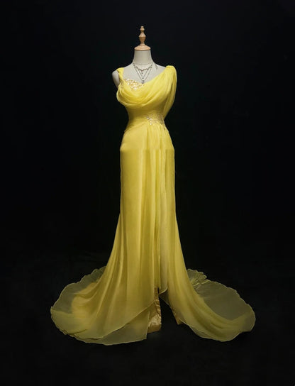Robes de bal vintage sirène jaune mousseline avec applications années 80 longue robe de soirée N2733