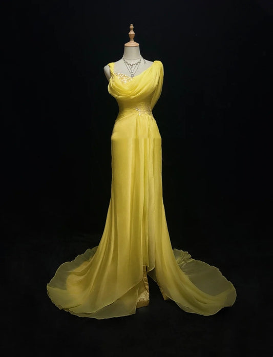 Vintage Prom Dresses Mermaid Yellow Chiffon With Appliqued 80s Long Formal Gown N2733