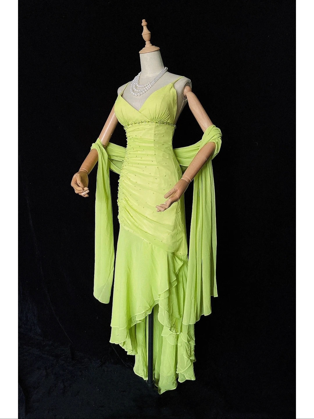 Vintage Prom Dresses 80er Jahre Meerjungfrau Spaghettiträger Grün Chiffon Teelänge Abendgarderobe N3456