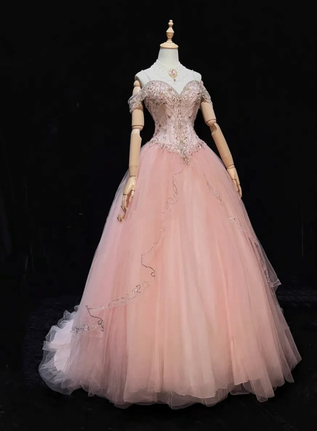 Prinzessinnen-Ballkleider Inspo Ballkleid Pink Tüll Lang mit Perlen Abendkleider N3392