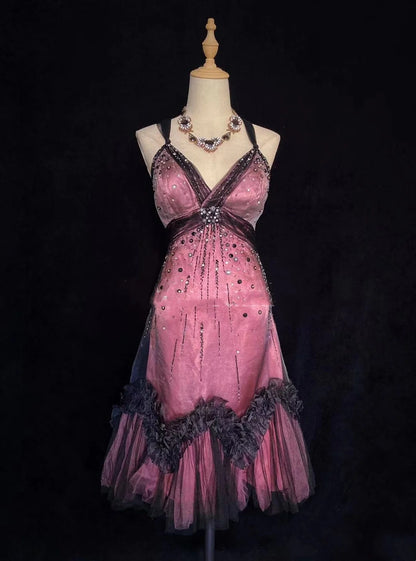 Robes de bal intemporelles sans manches ligne A en tulle noir longueur thé avec perles robe de rentrée N3255
