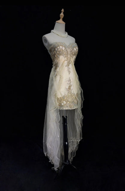 Mignonne Robe Courte de Soirée/Cocktail/Retour à la Maison, sans Bretelles, en Dentelle Dorée, N4216