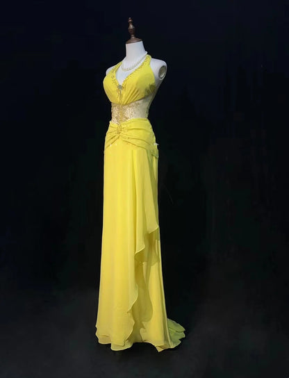 Vintage Prom Dresses A Linie Neckholder V-Ausschnitt Gelb Chiffon Rückenfrei 1990er Lange Formelle Abendkleid N2640