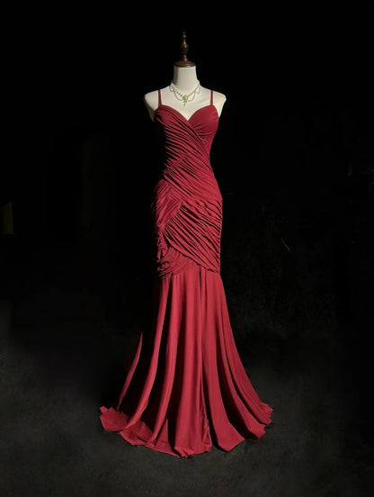 Vintage Mermaid 2000s Spaghetti Strap Burgundy Chiffon With Pleated Formal Dress Long Prom Dresses N2577