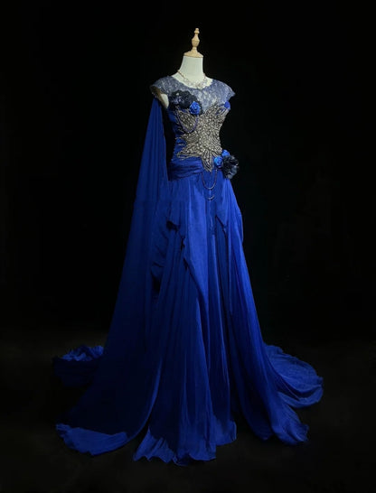 Robes de bal élégantes coupe trapèze col rond bleu roi mousseline dentelle perlée longue robe de soirée N2916
