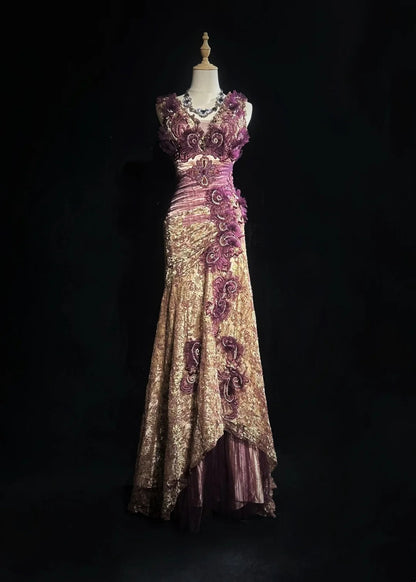 Robes de bal vintage sirène col en V dentelle dorée avec fleurs tenues de soirée formelles longues années 80 N3881