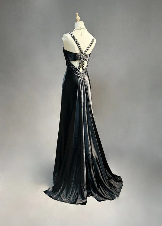 Vintage Prom Dresses Mermaid Halter 90s Satin With Beading Long Black Tie Formal Party Dress N2504