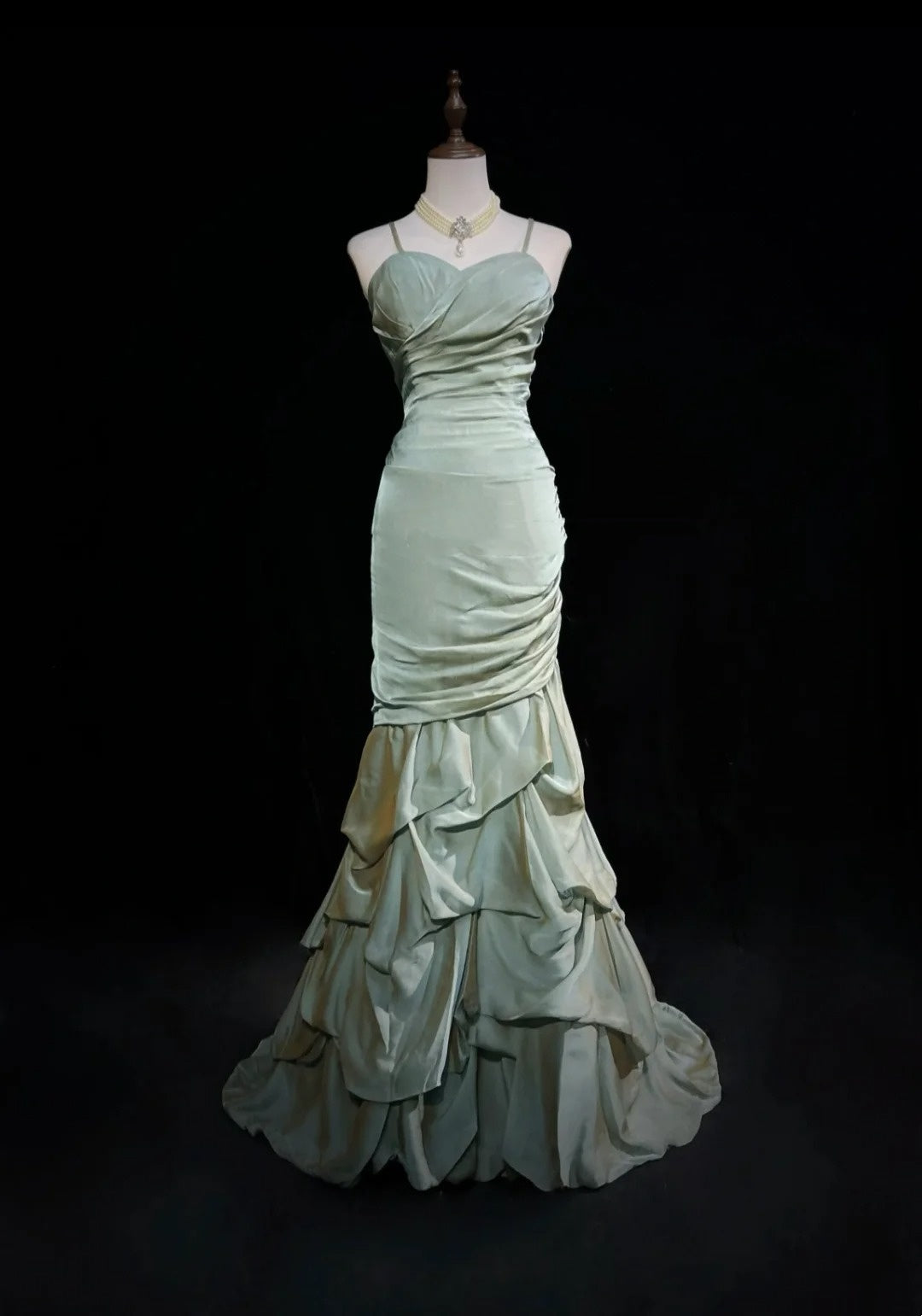 Vintage 1980s Prom Dresses Mermaid Spaghetti Strap Floor Length Light Green Long Formal Party Dress N2534