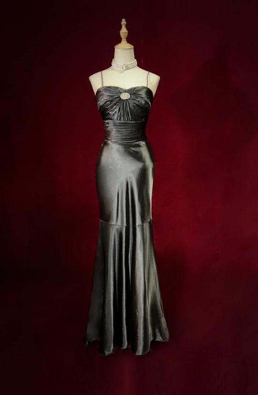 Vintage Prom Dresses Mermaid Spaghetti Strap Satin Black With Ruffles Long Formal Dress N2497