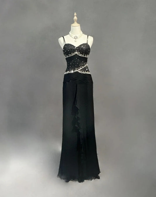 Modest Prom Dresses Mermaid Spaghetti Strap Black Tie Chiffon With Beading Formal Evening Dress N3857