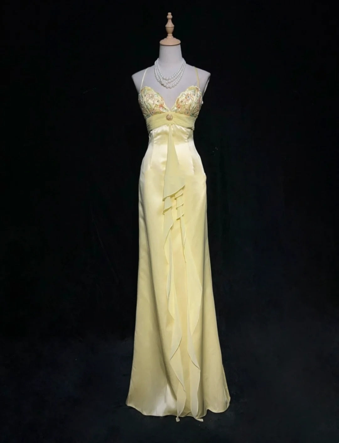 Superbes robes de bal sirène à bretelles spaghetti, jaune, sans manches, en mousseline, longue robe de soirée N2870