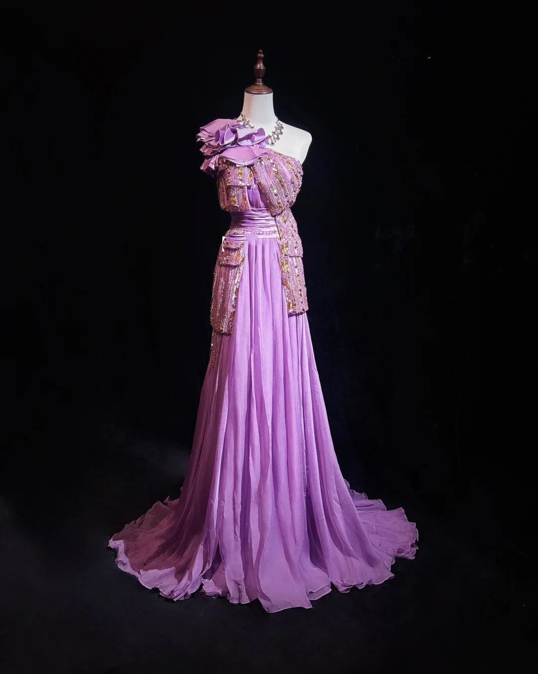 Vintage Ballkleider Inspo A-Linie One-Shoulder Flieder Chiffon 1990er Mit Perlen Abendkleider N3324