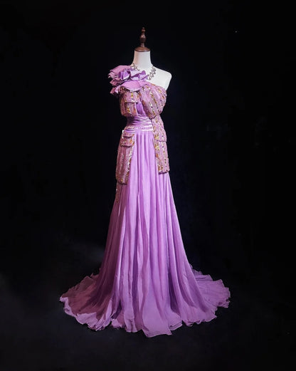 Vintage Ballkleider Inspo A-Linie One-Shoulder Flieder Chiffon 1990er Mit Perlen Abendkleider N3324