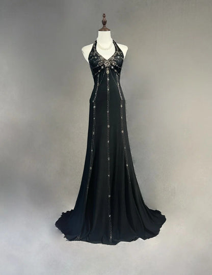 Robes de bal vintage Sirène Halter Petite robe noire avec volants Tenues de soirée longues N3446